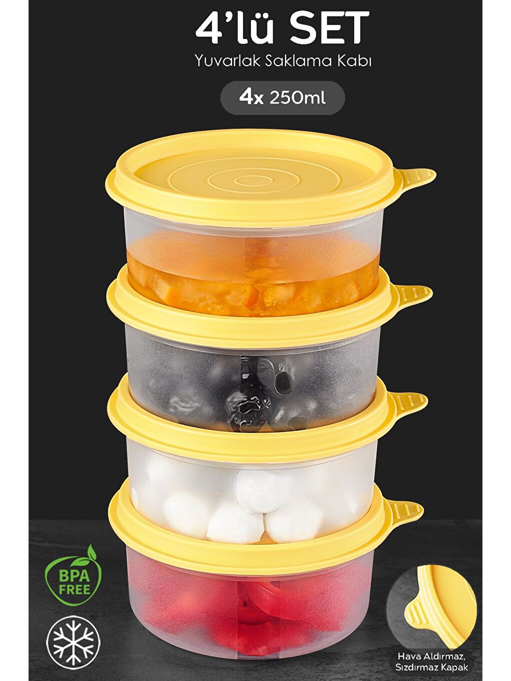 4'lü Yuvarlak Gıda Saklama Kabı Seti 4x250 ml Sarı