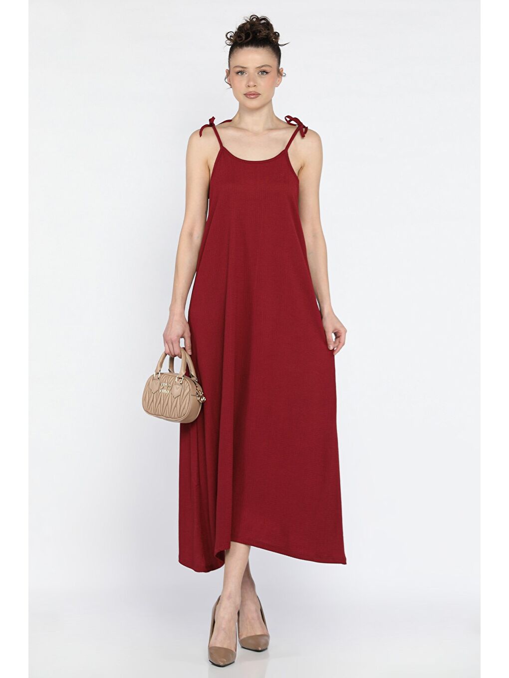 Bordo Kadın Omuz Bağlama Detaylı Askılı Salaş Elbise