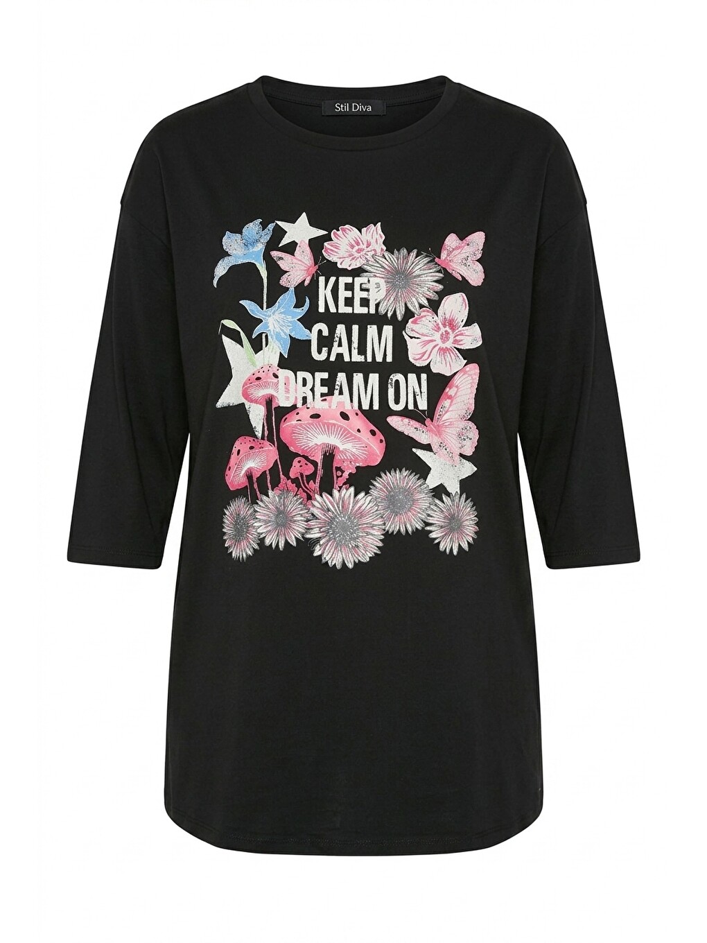 Siyah Çiçek Baskılı T-shirt-4