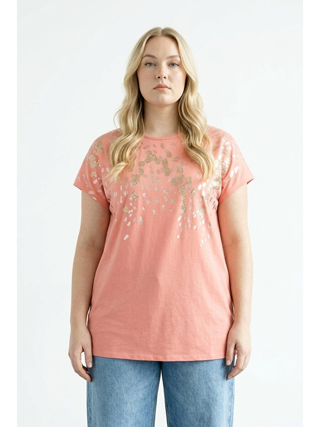 Pembe Metalik Baskılı Payetli T-shirt-1