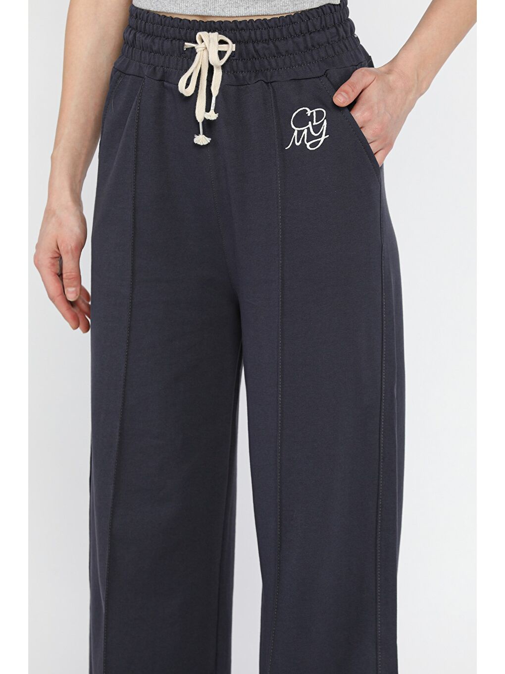 Gri Kadın Yüksek Bel Çimalı Palazzo Eşofman Altı-3