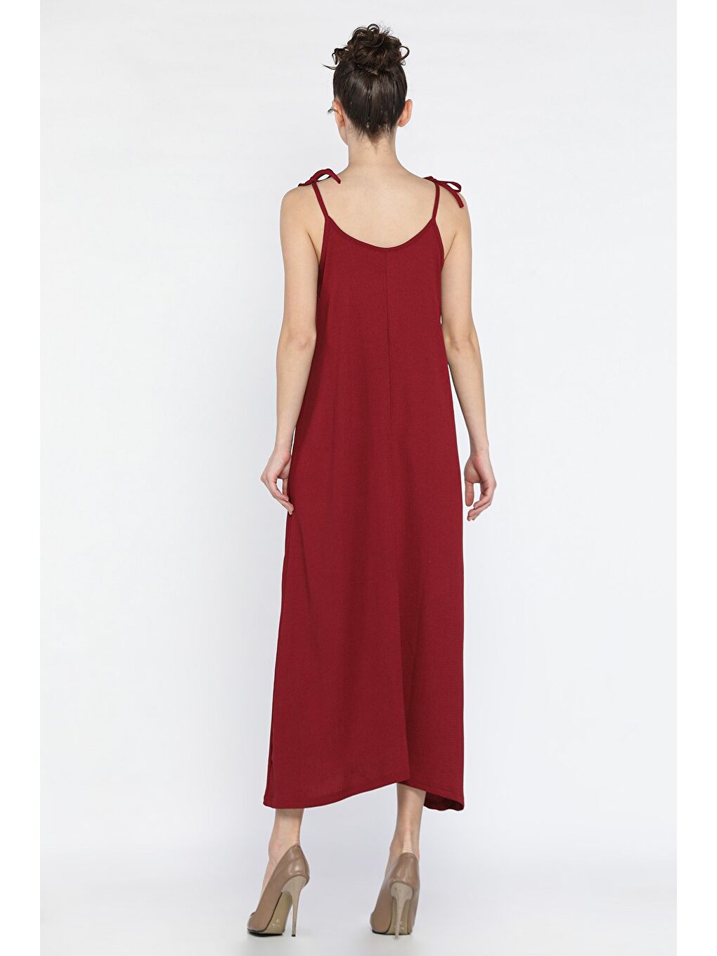 Bordo Kadın Omuz Bağlama Detaylı Askılı Salaş Elbise-2