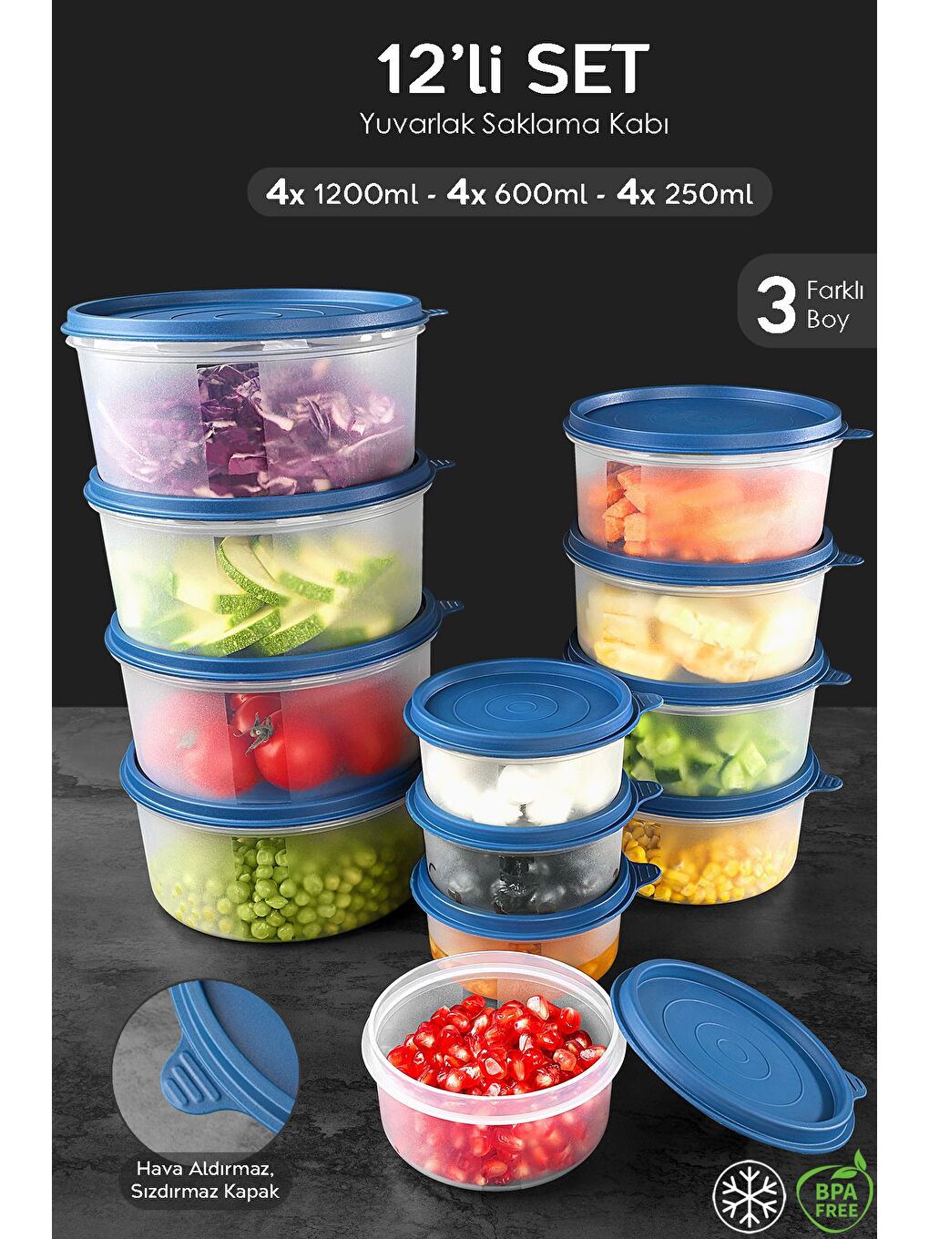 12'li Yuvarlak Gıda Saklama Kabı Seti 4x250 4x600 4x1200 ml Lacivert