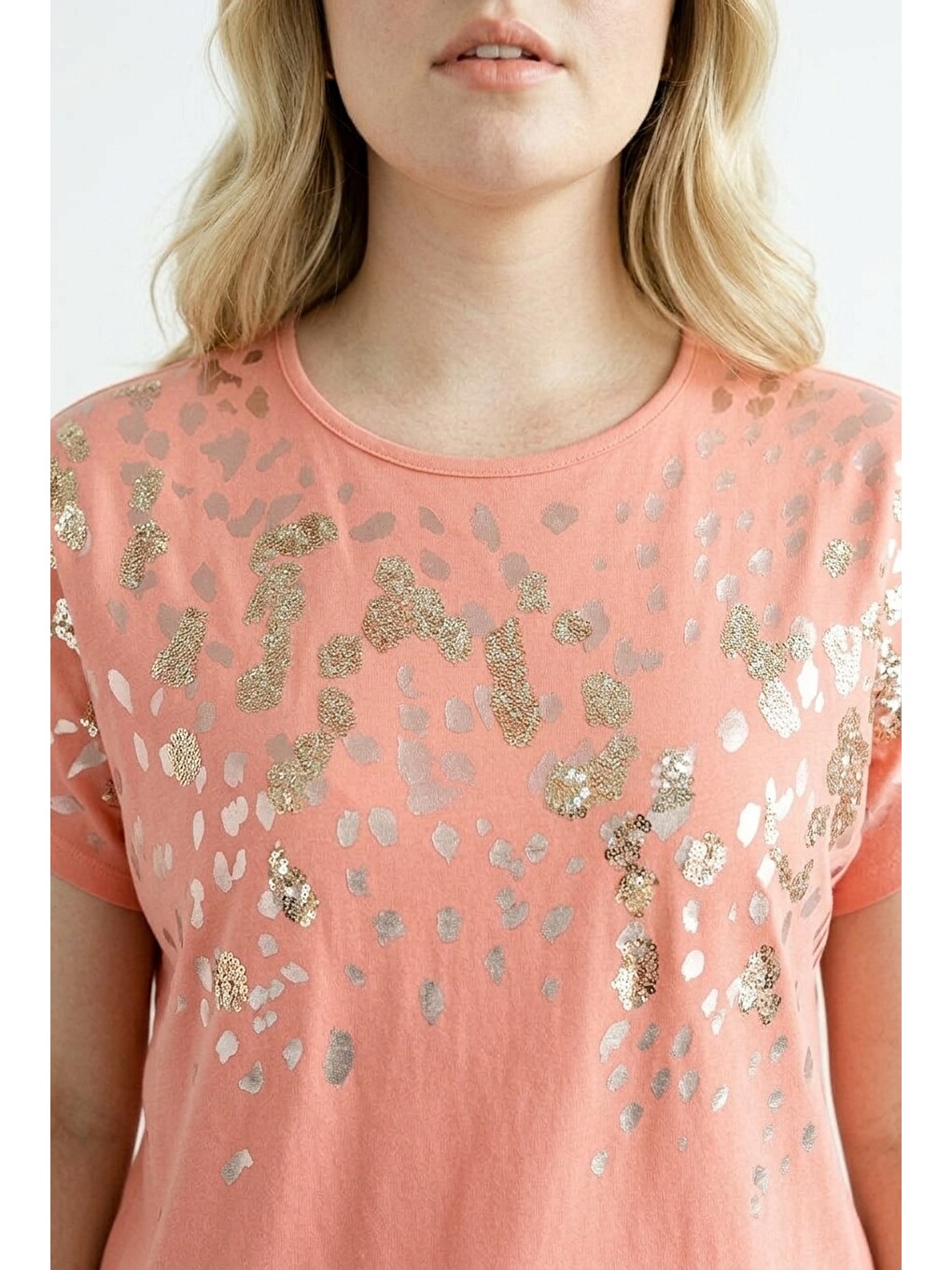 Pembe Metalik Baskılı Payetli T-shirt-3