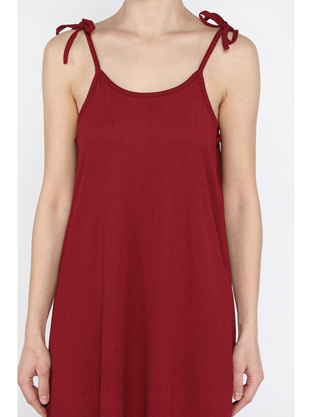 Bordo Kadın Omuz Bağlama Detaylı Askılı Salaş Elbise-3