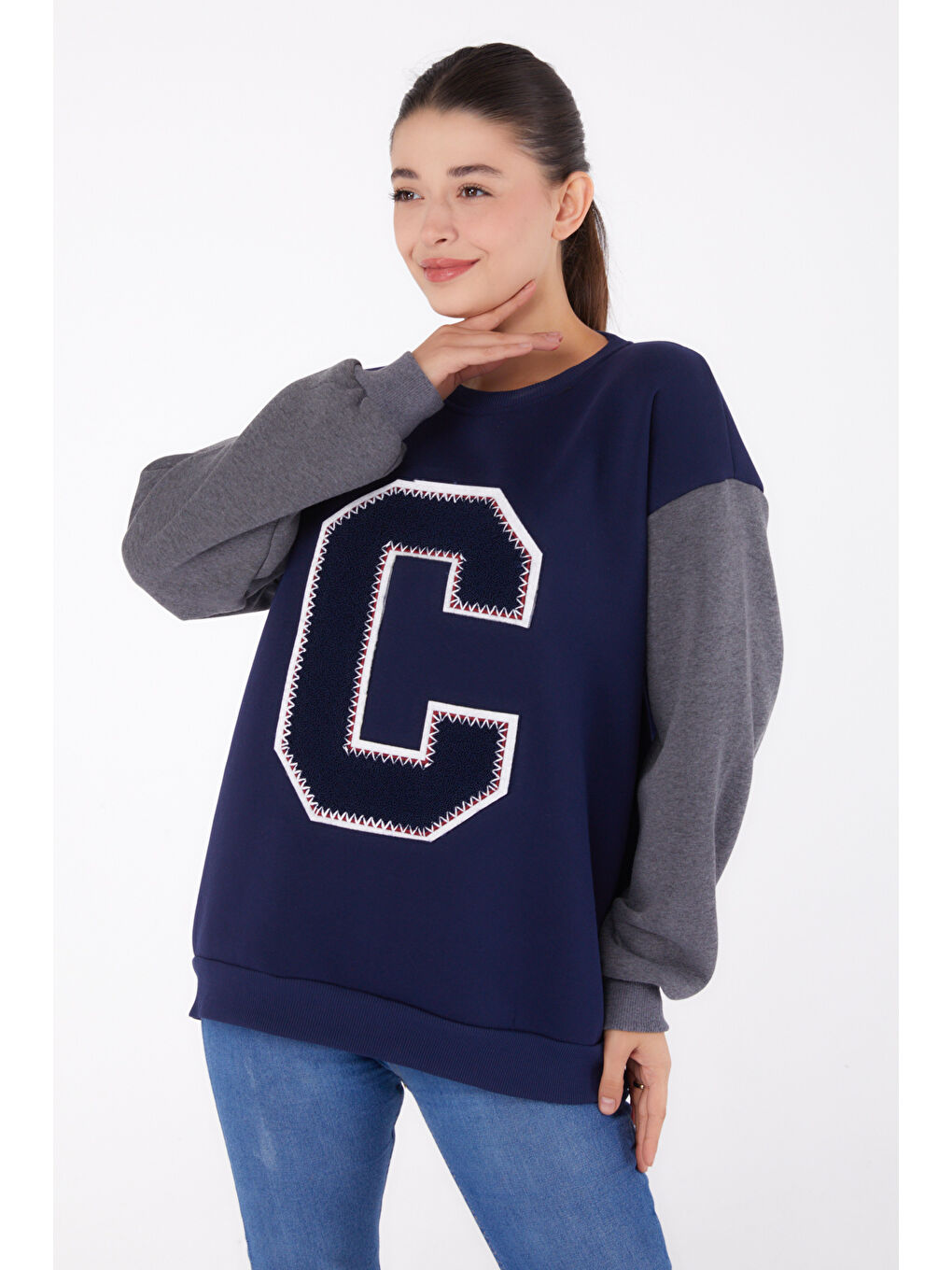 Nakışlı Sweatshirt Lacivert - 26451-1