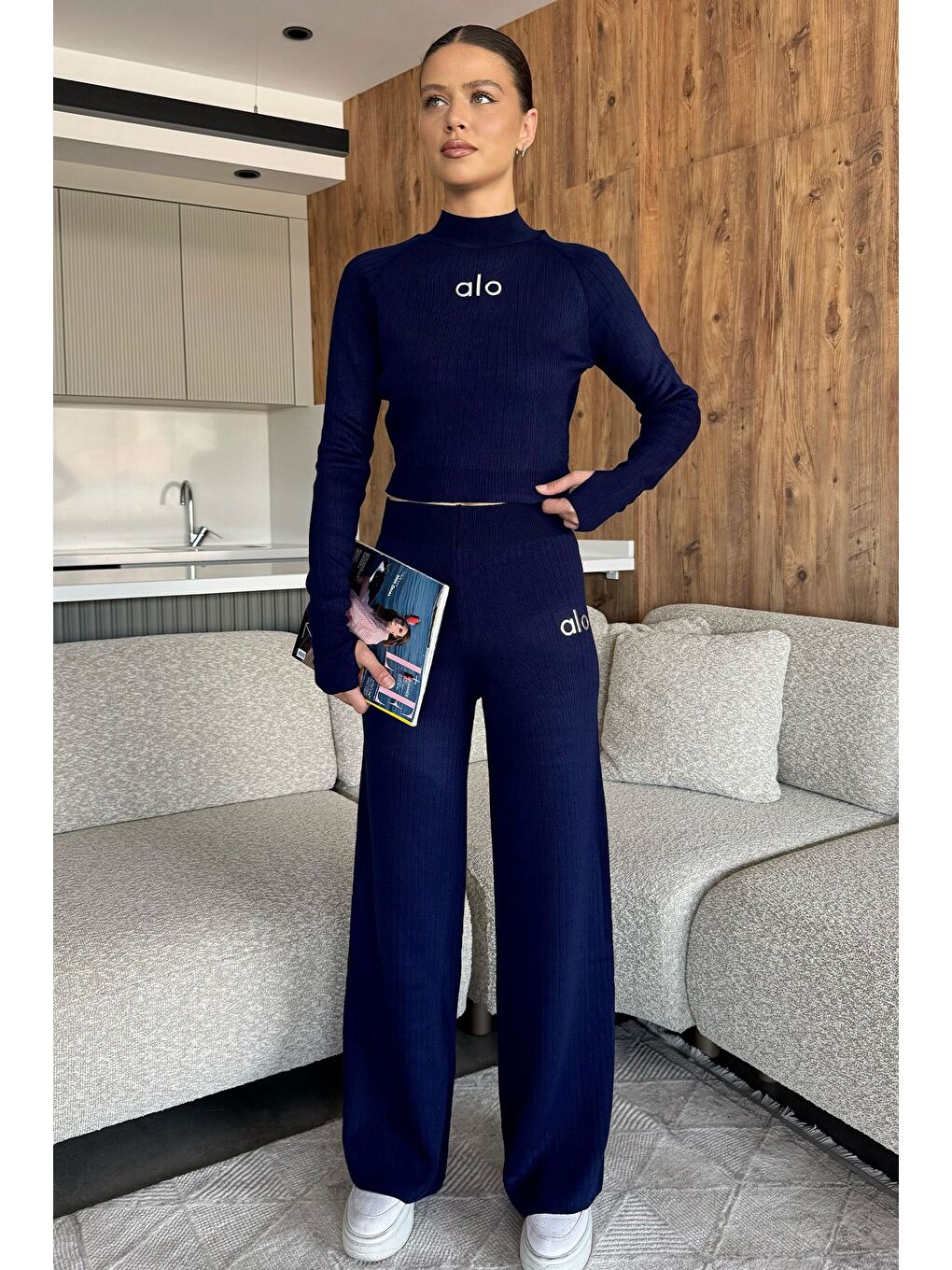 Lacivert Kadın Kendinden Çizgi Desenli Triko Bluz Pantolon İkili Takım (s-m-l Beden Uyumludur.)