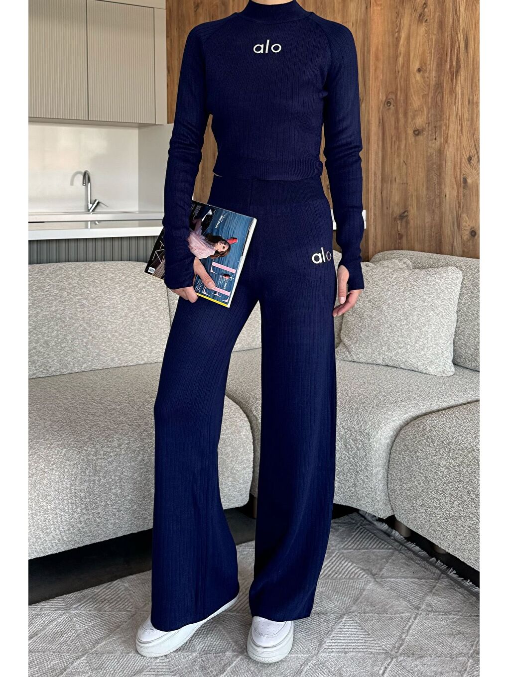 Lacivert Kadın Kendinden Çizgi Desenli Triko Bluz Pantolon İkili Takım (s-m-l Beden Uyumludur.)-1