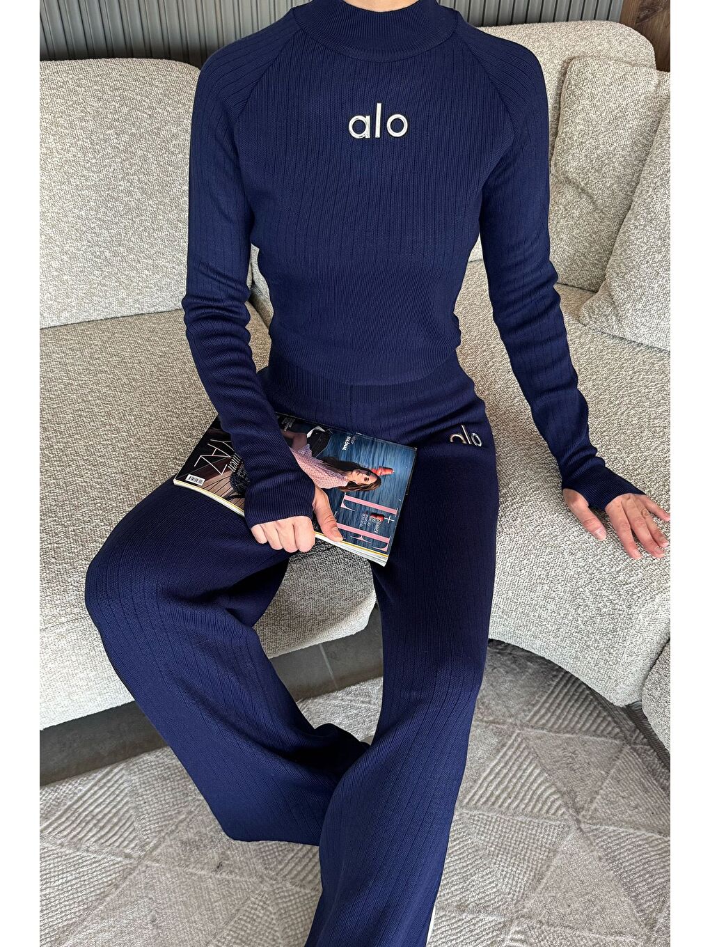 Lacivert Kadın Kendinden Çizgi Desenli Triko Bluz Pantolon İkili Takım (s-m-l Beden Uyumludur.)-2