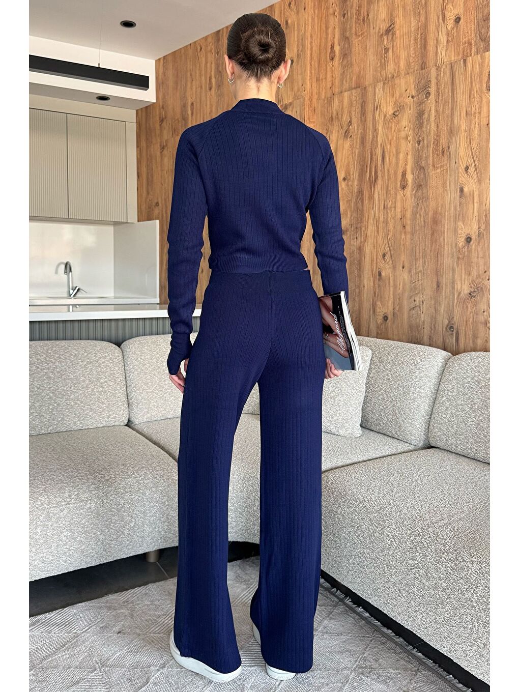 Lacivert Kadın Kendinden Çizgi Desenli Triko Bluz Pantolon İkili Takım (s-m-l Beden Uyumludur.)-3