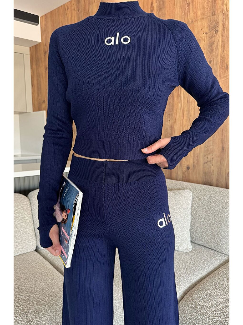 Lacivert Kadın Kendinden Çizgi Desenli Triko Bluz Pantolon İkili Takım (s-m-l Beden Uyumludur.)-4