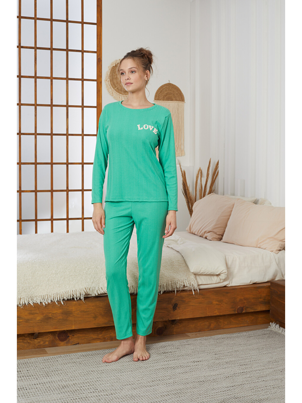 Yeşil Love Nakışlı Fitilli Örme Pijama Takım25226001-1