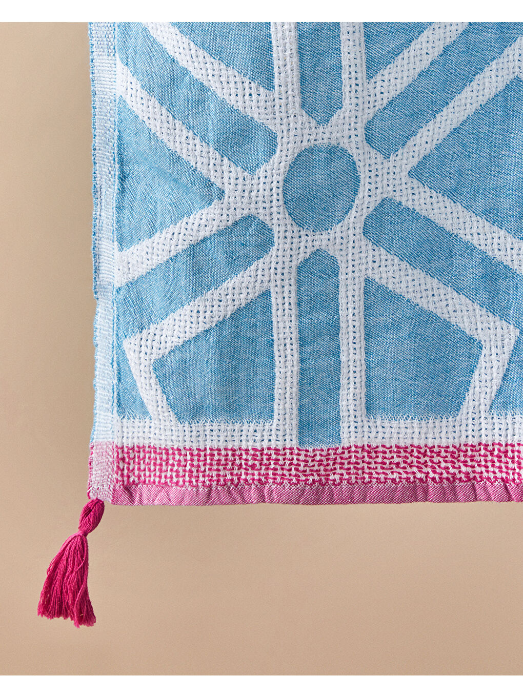Zigzag Pamuklu Püsküllü Peştamal 90x150 cm Mavi-Fuşya-2