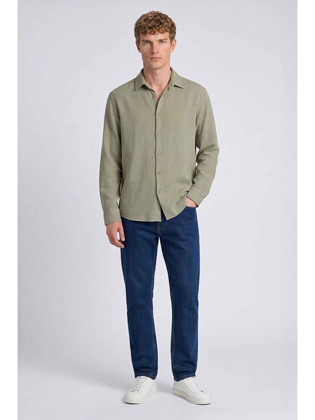 Yeşil Erkek Mint Normal Kesim Regular Fit %100 Pamuk Klasik Yaka Muslin Gömlek-1