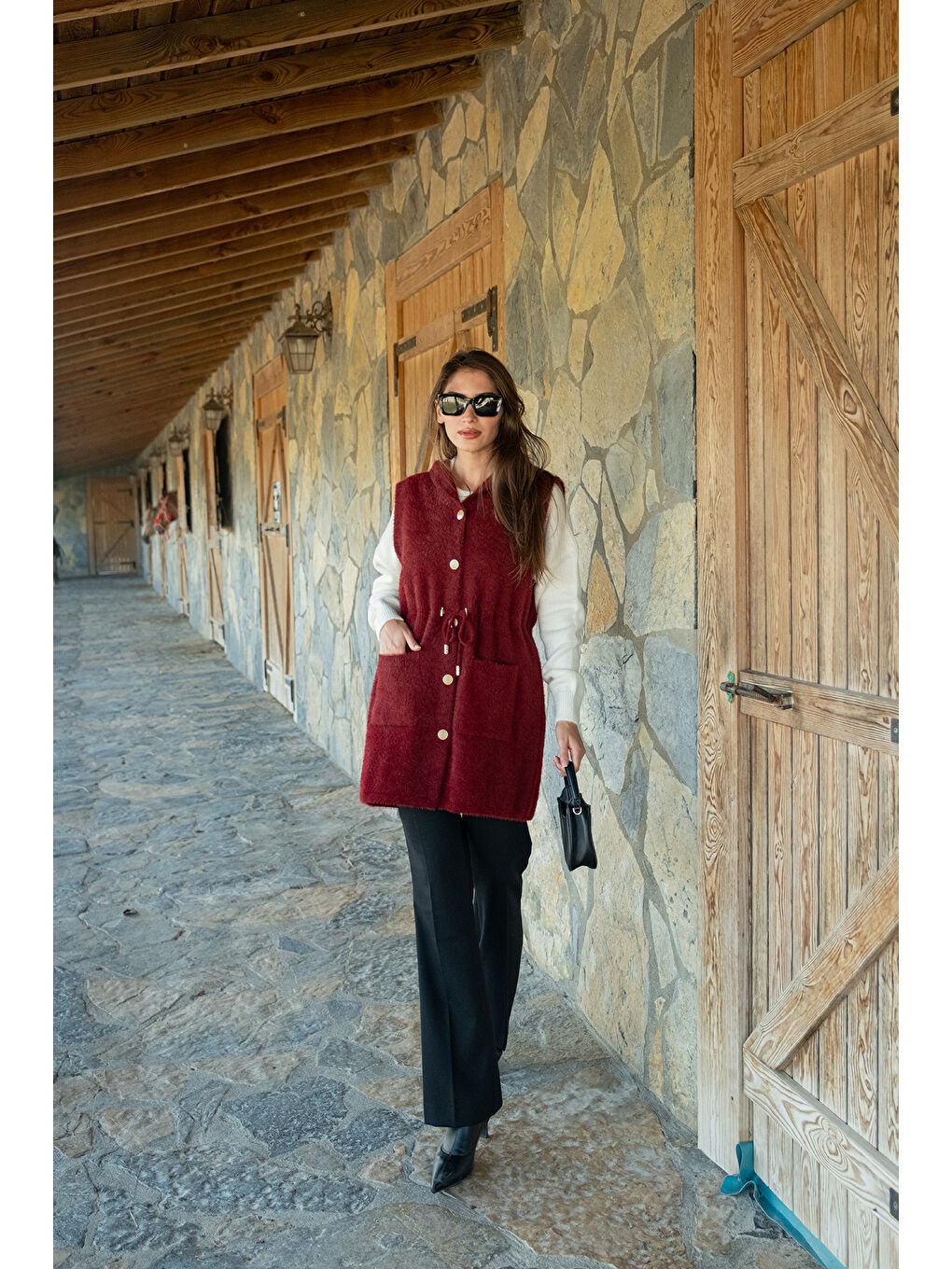 Kadın Bel Bağlamalı Triko Yelek Bordo-1