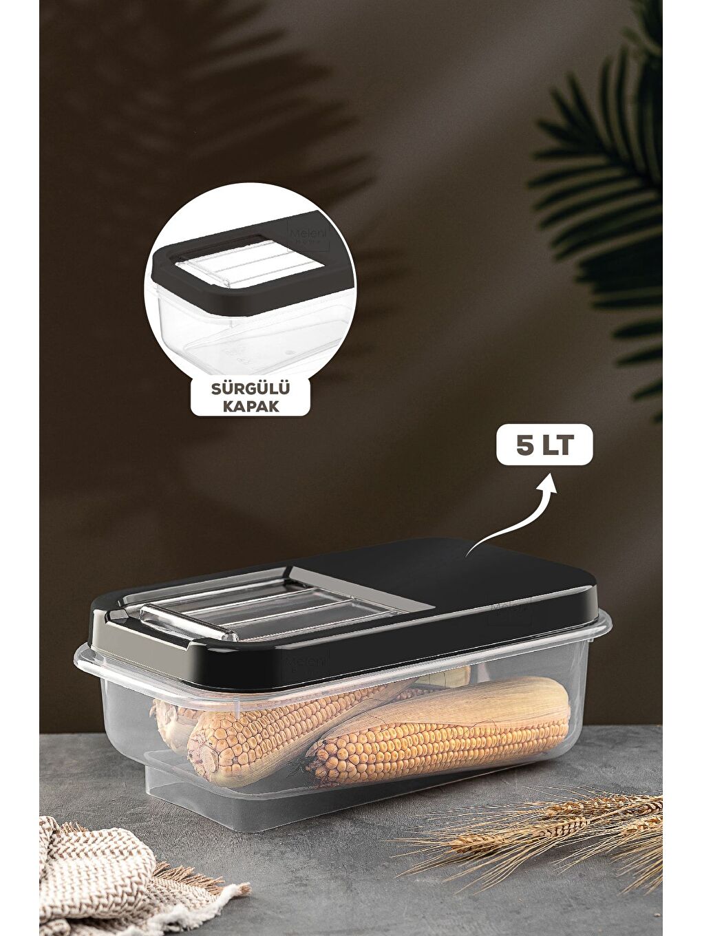 Multibox 5 lt Bakliyat Saklama Kabı Kayar Kapaklı Erzak Saklama Kabı Un Kabı Antrasit