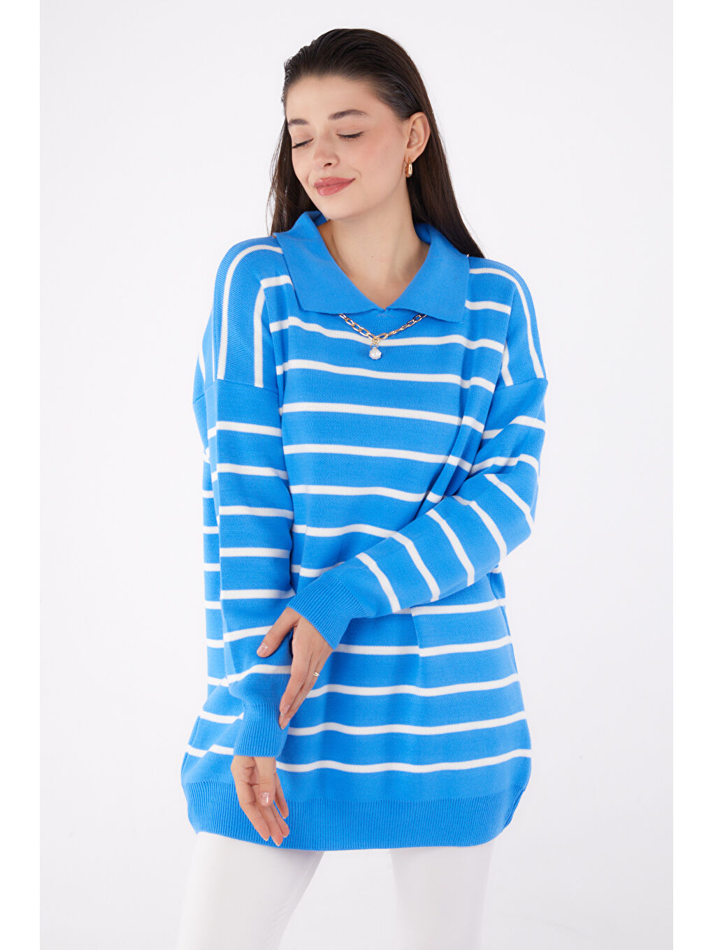 Kolyeli Triko Tunik Mavi - 26422-1