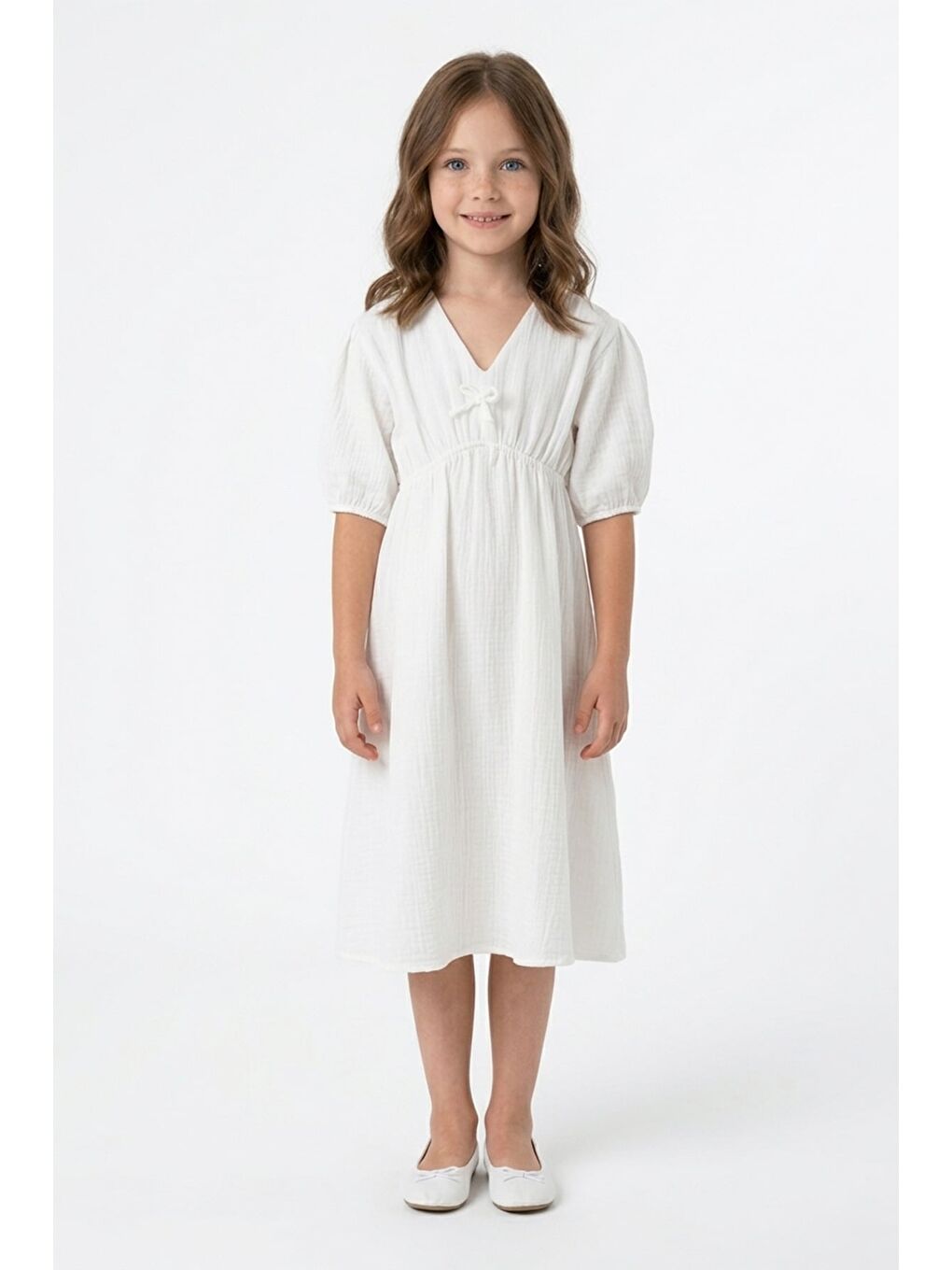 Beyaz Beli Lastikli Müslin Kumaş Kız Çocuk Elbise