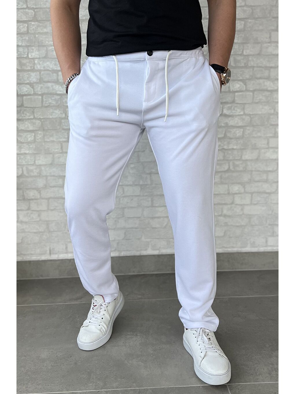Beyaz Erkek Bel Bağlama Detaylı Pantolon