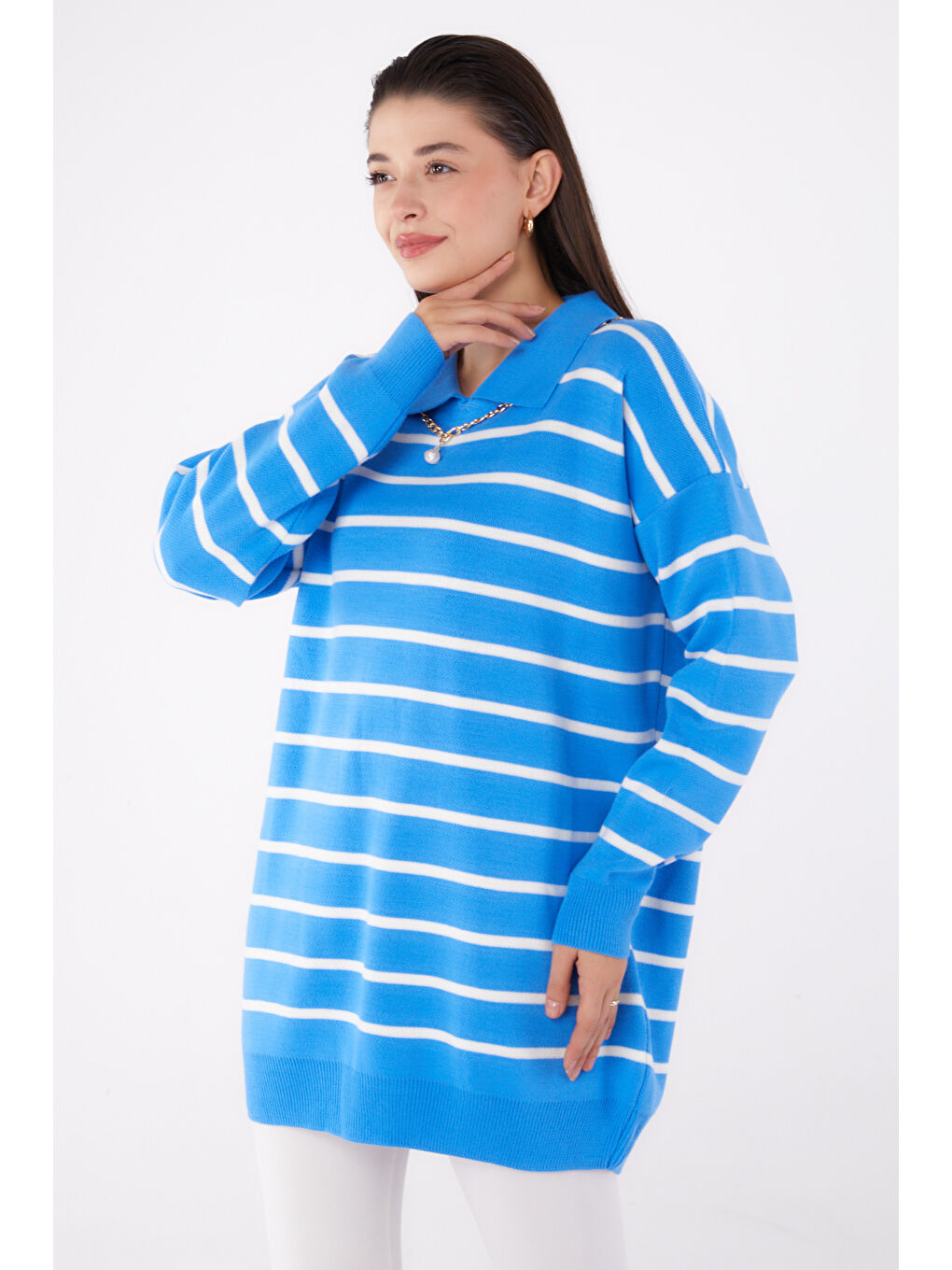 Kolyeli Triko Tunik Mavi - 26422-2