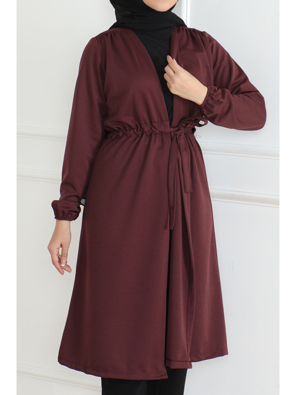 Belden Bağlamalı Hırka Koyu Bordo - 26586-1