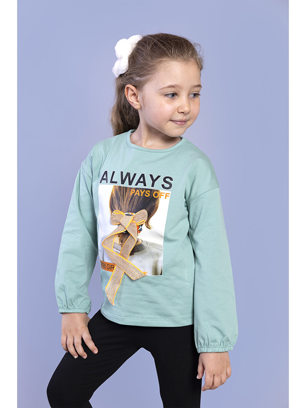 Yeşil Kız Çocuk Baskılı Kol Ucu Lastikli Tişört