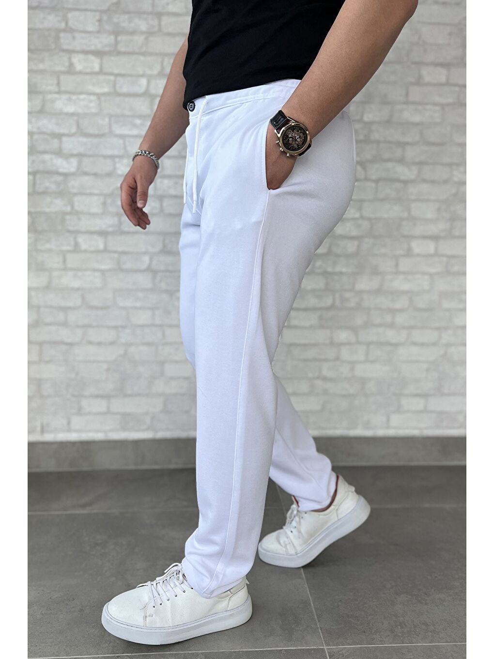 Beyaz Erkek Bel Bağlama Detaylı Pantolon-1