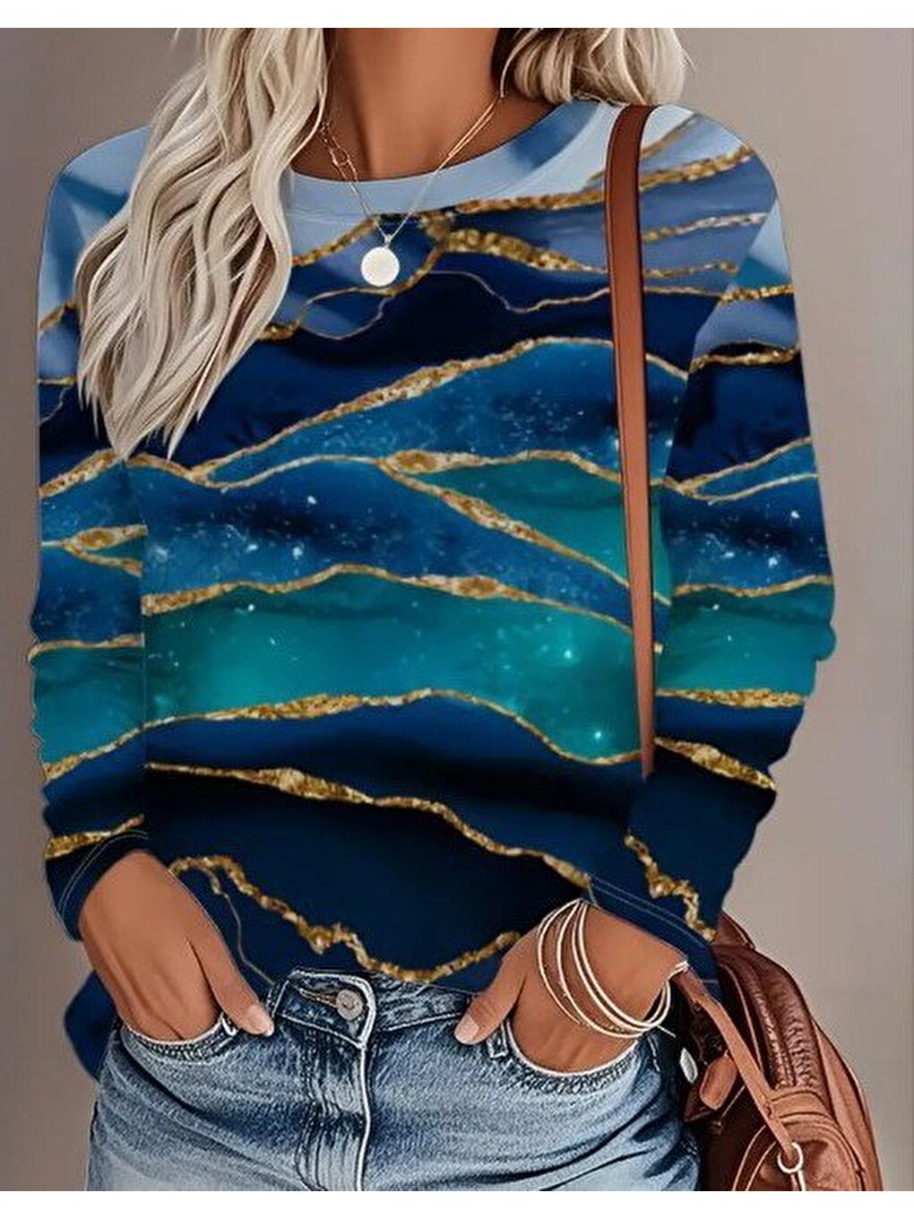 Mavi Kadın Uzun Kollu Bisiklet Yaka Desenli Modal Bluz-3