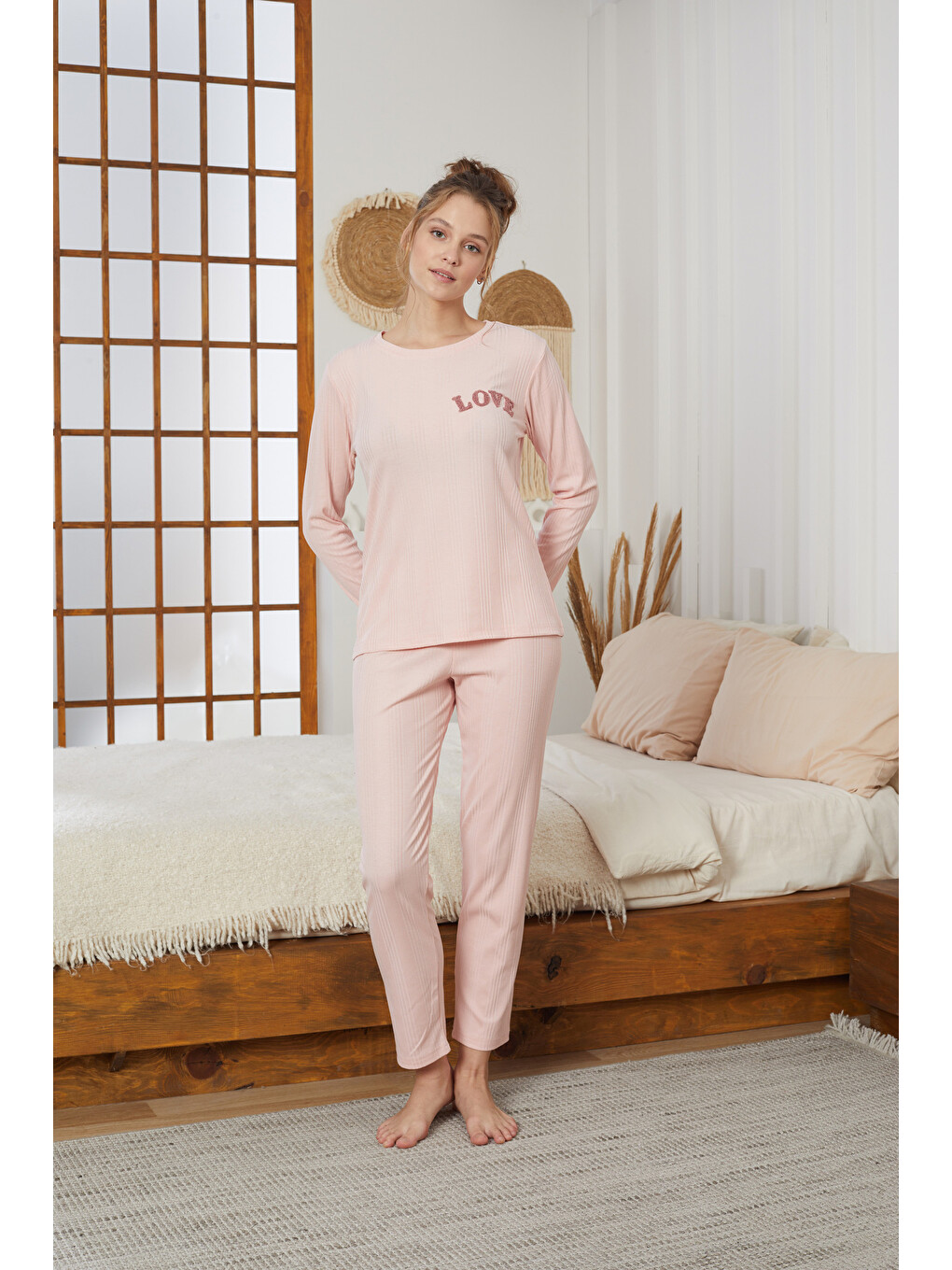 Pembe Somon Love Nakışlı Fitilli Örme Pijama Takım25226001-1