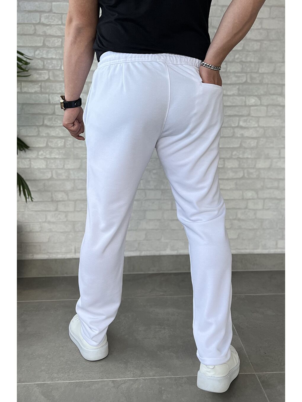 Beyaz Erkek Bel Bağlama Detaylı Pantolon-2