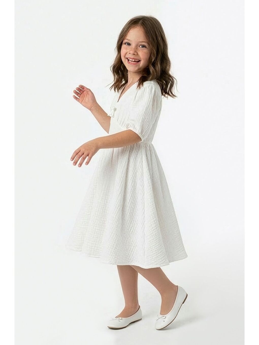 Beyaz Beli Lastikli Müslin Kumaş Kız Çocuk Elbise-1