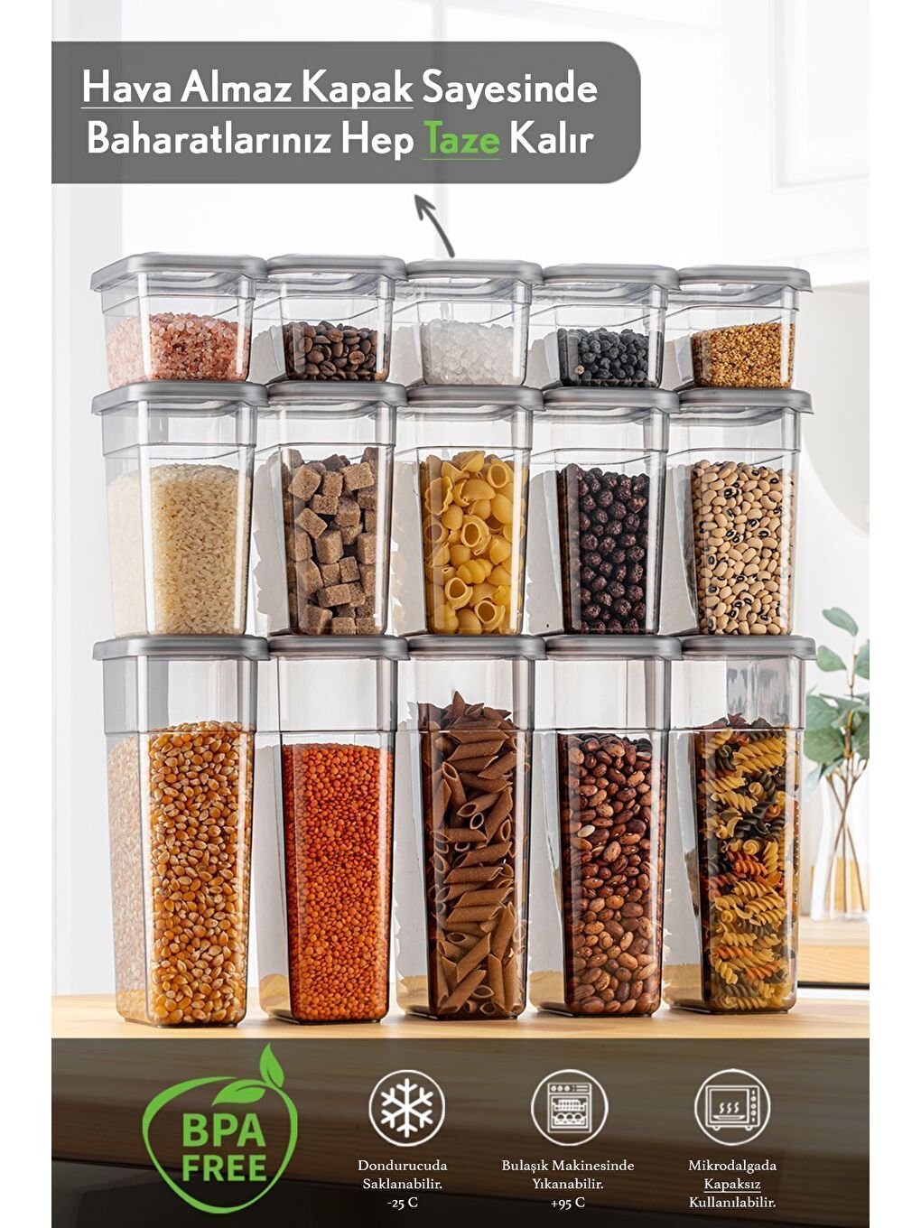 Gri 15'li Sızdırmaz Kapak Kaşıklı Saklama Kabı Seti Etiketli Baharatlık 5x 580 ml 1100 ml 1580 ml-1