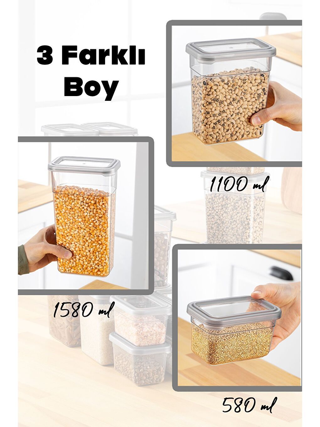 Gri 15'li Sızdırmaz Kapak Kaşıklı Saklama Kabı Seti Etiketli Baharatlık 5x 580 ml 1100 ml 1580 ml-2