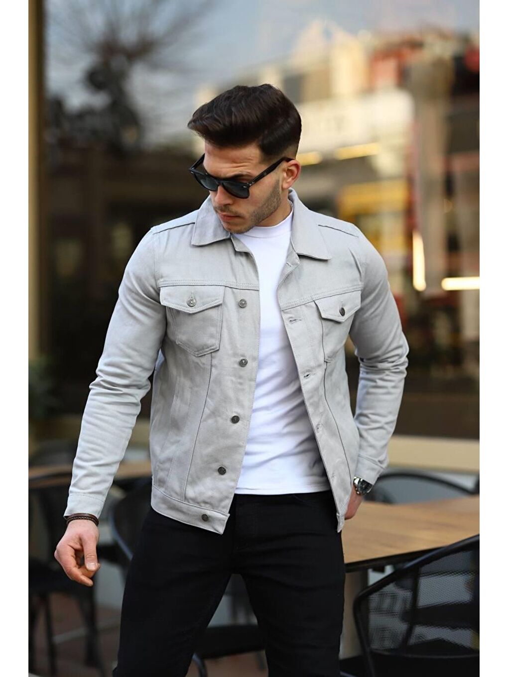 Erkek Trend Polo Yaka Slim Fit Denim Jeans Gri Jean Ceket-1