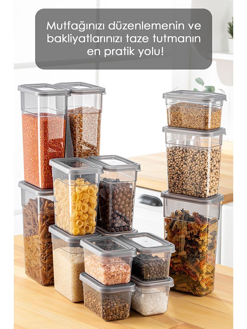 Gri 15'li Sızdırmaz Kapak Kaşıklı Saklama Kabı Seti Etiketli Baharatlık 5x 580 ml 1100 ml 1580 ml-3