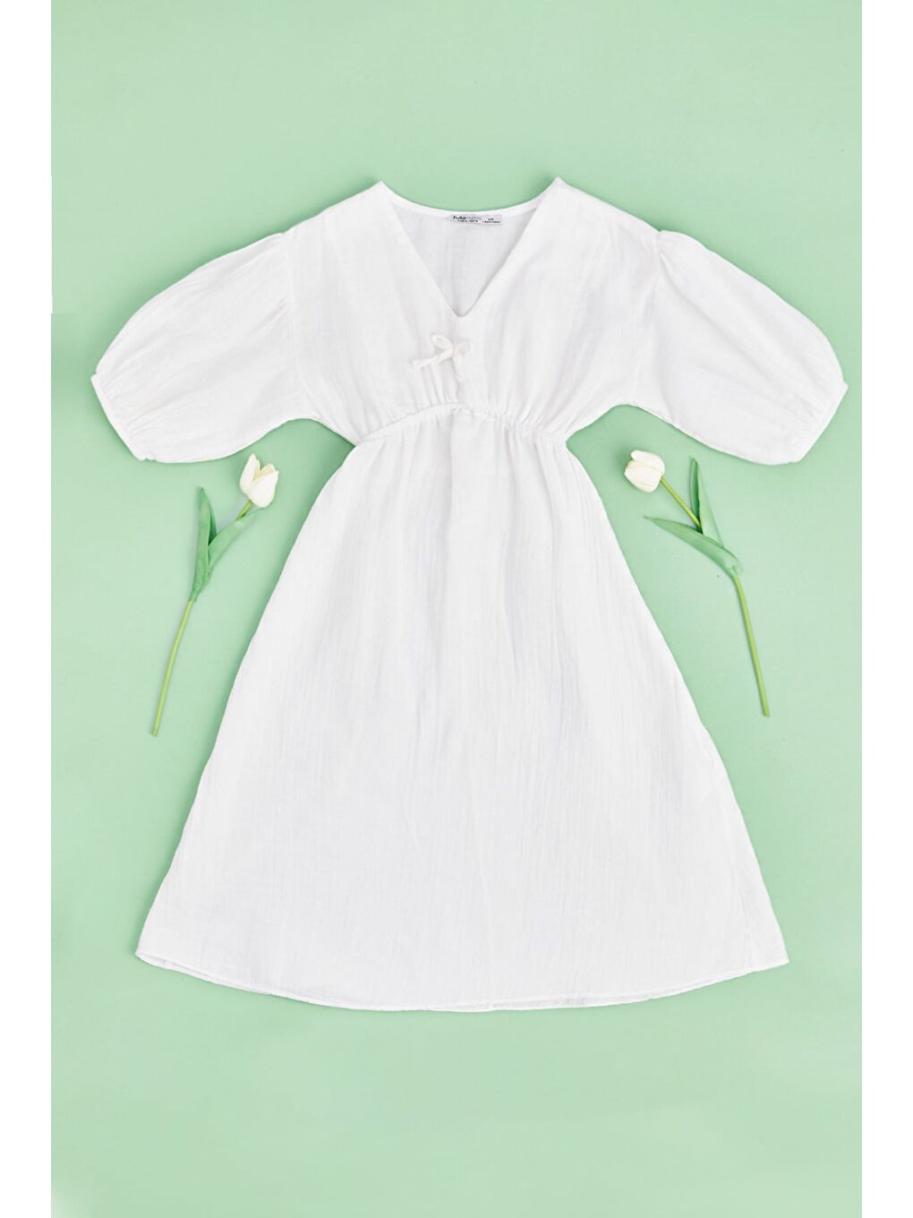 Beyaz Beli Lastikli Müslin Kumaş Kız Çocuk Elbise-2
