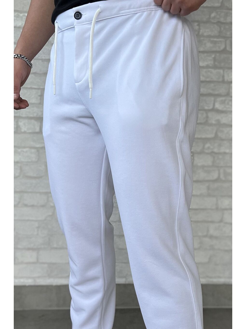 Beyaz Erkek Bel Bağlama Detaylı Pantolon-3