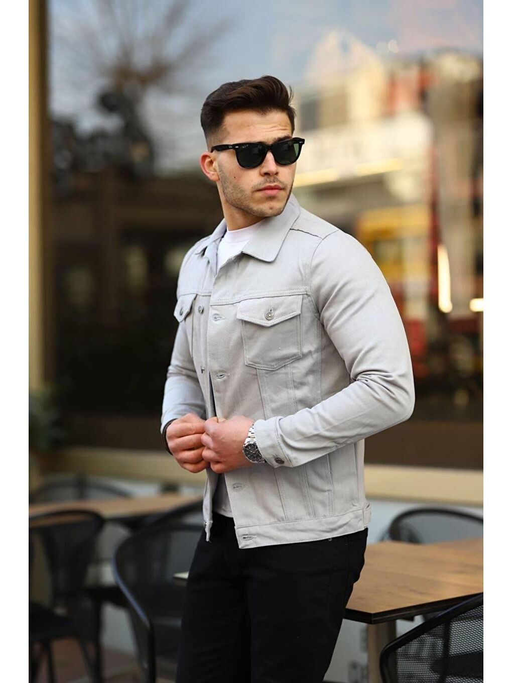 Erkek Trend Polo Yaka Slim Fit Denim Jeans Gri Jean Ceket-2