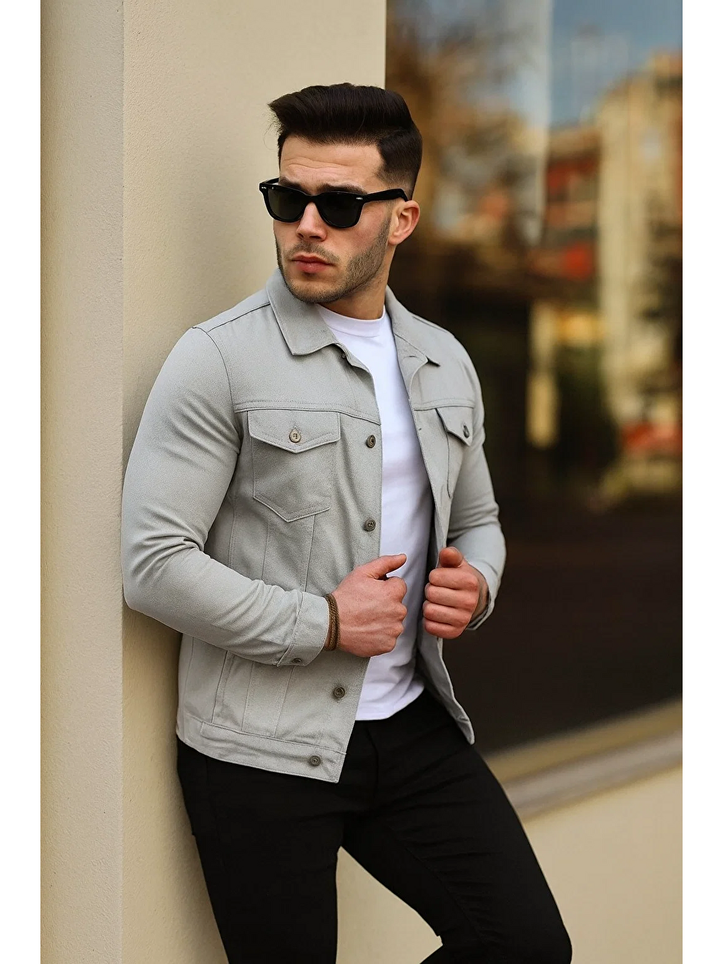 Erkek Trend Polo Yaka Slim Fit Denim Jeans Gri Jean Ceket-3