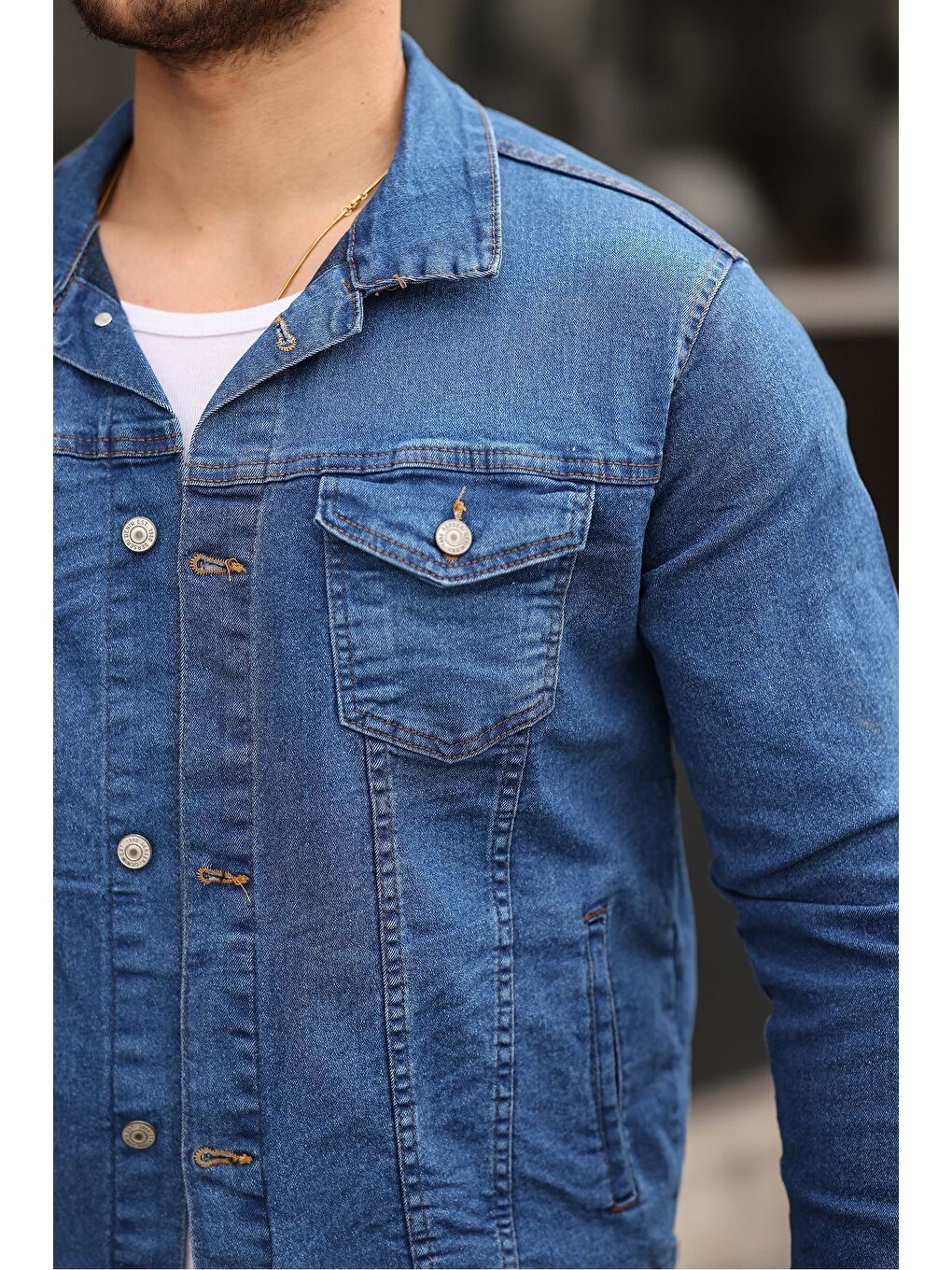 Lacivert Erkek A Kalite Slim Fit Denim Jean Ceket-1