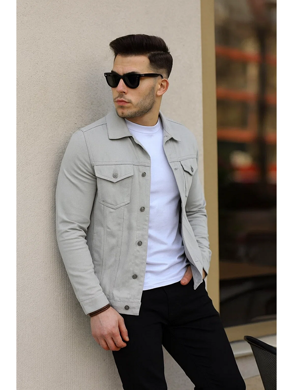 Erkek Trend Polo Yaka Slim Fit Denim Jeans Gri Jean Ceket-4