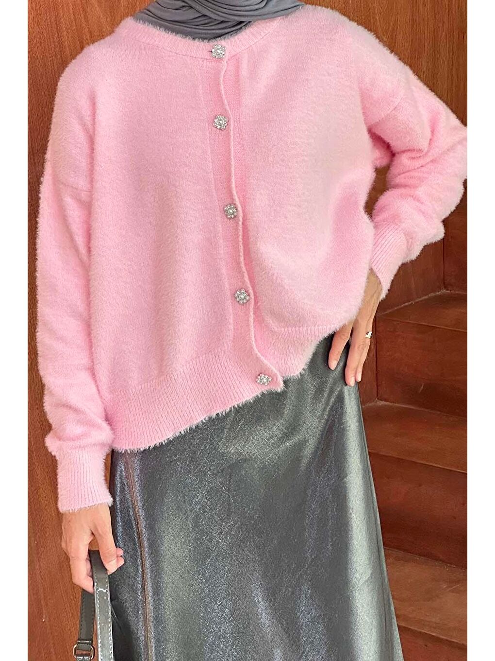 Sakallı Basic Hırka Pembe-2