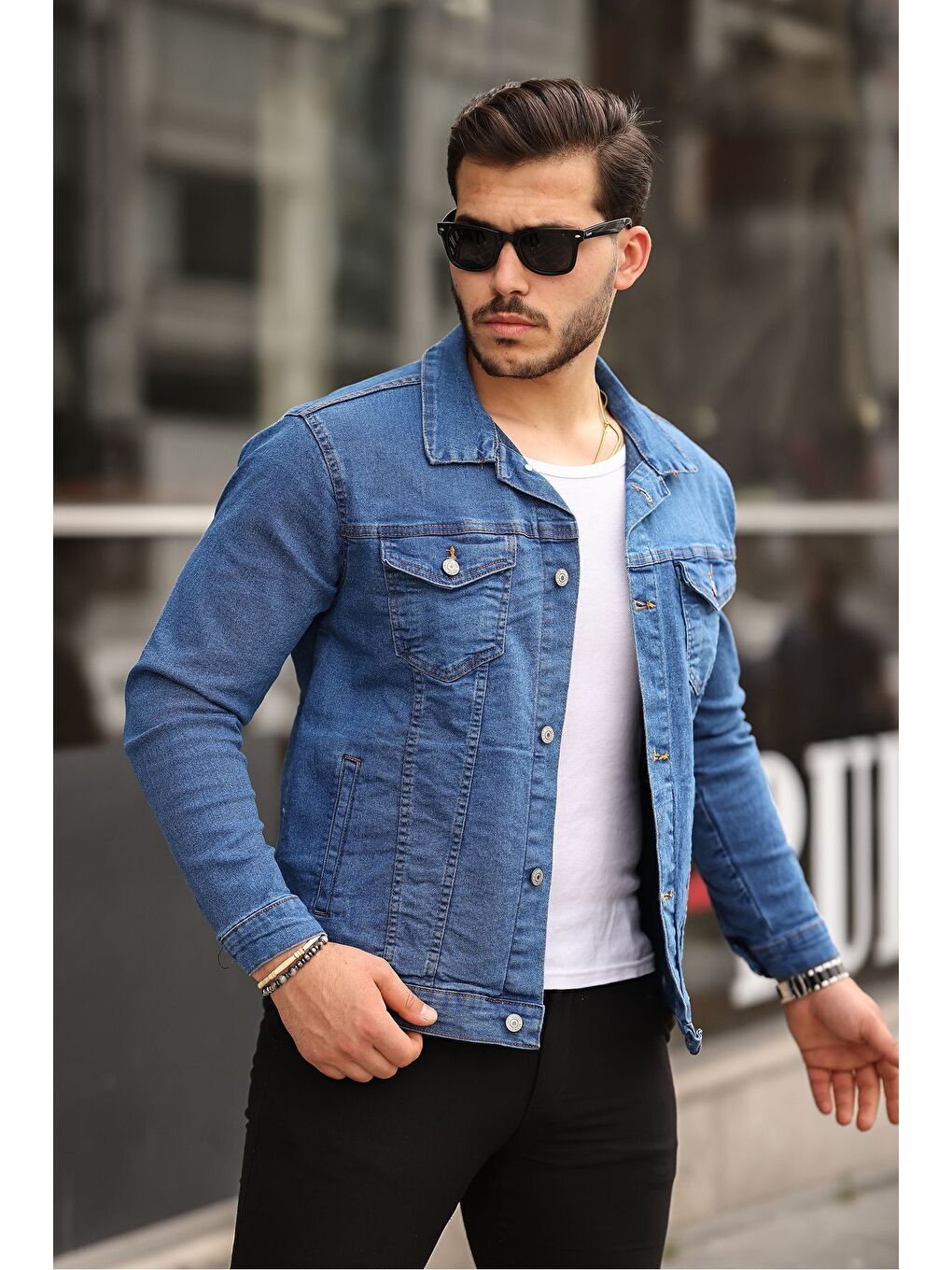 Lacivert Erkek A Kalite Slim Fit Denim Jean Ceket-2