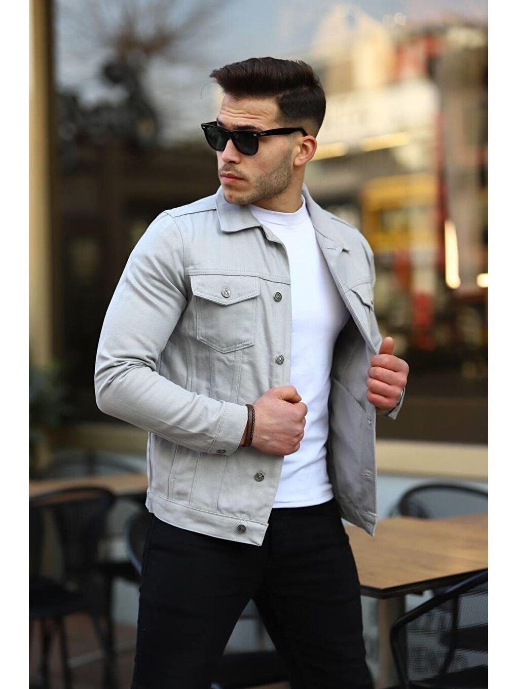 Erkek Trend Polo Yaka Slim Fit Denim Jeans Gri Jean Ceket-5