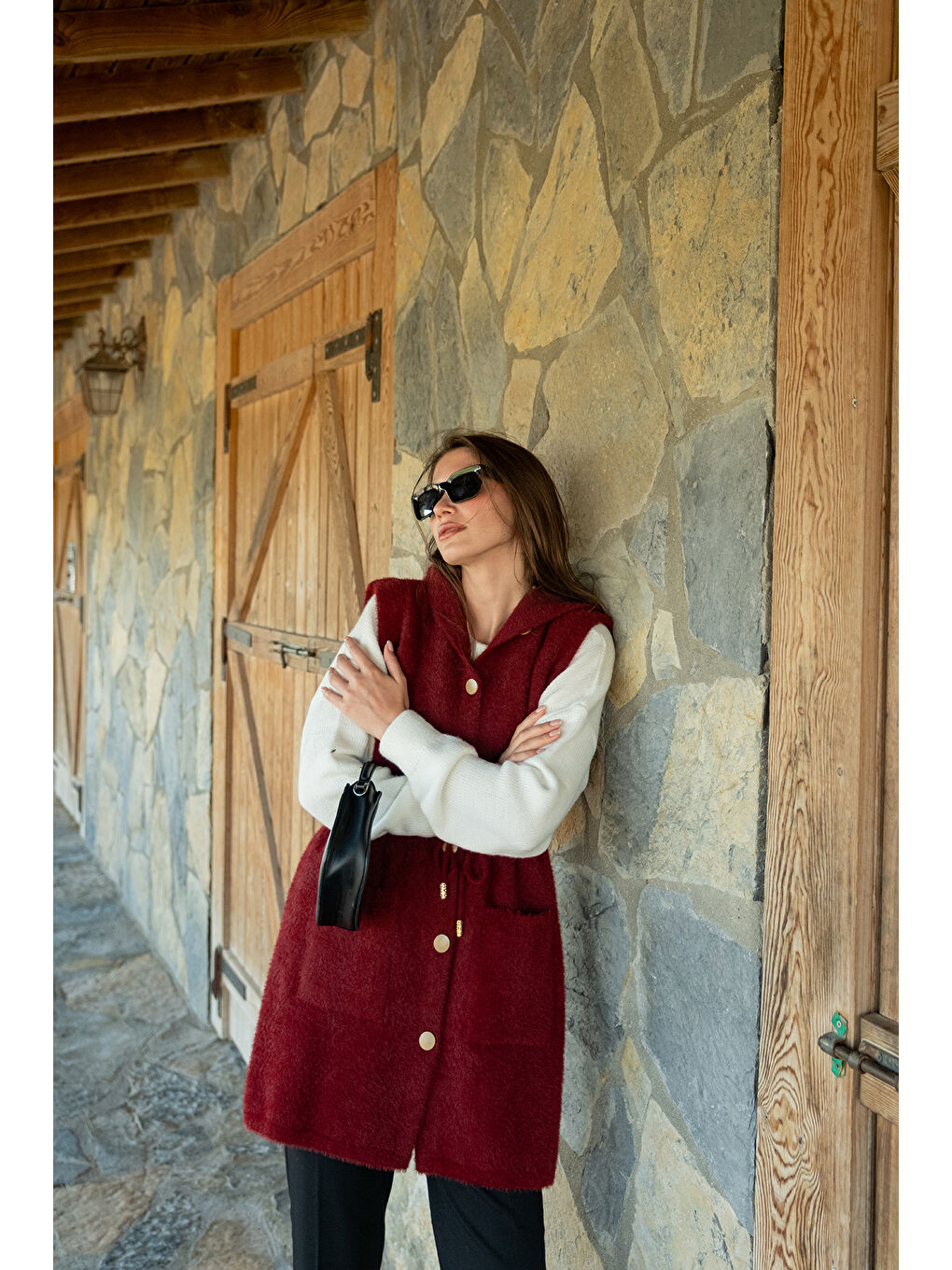 Kadın Bel Bağlamalı Triko Yelek Bordo-2