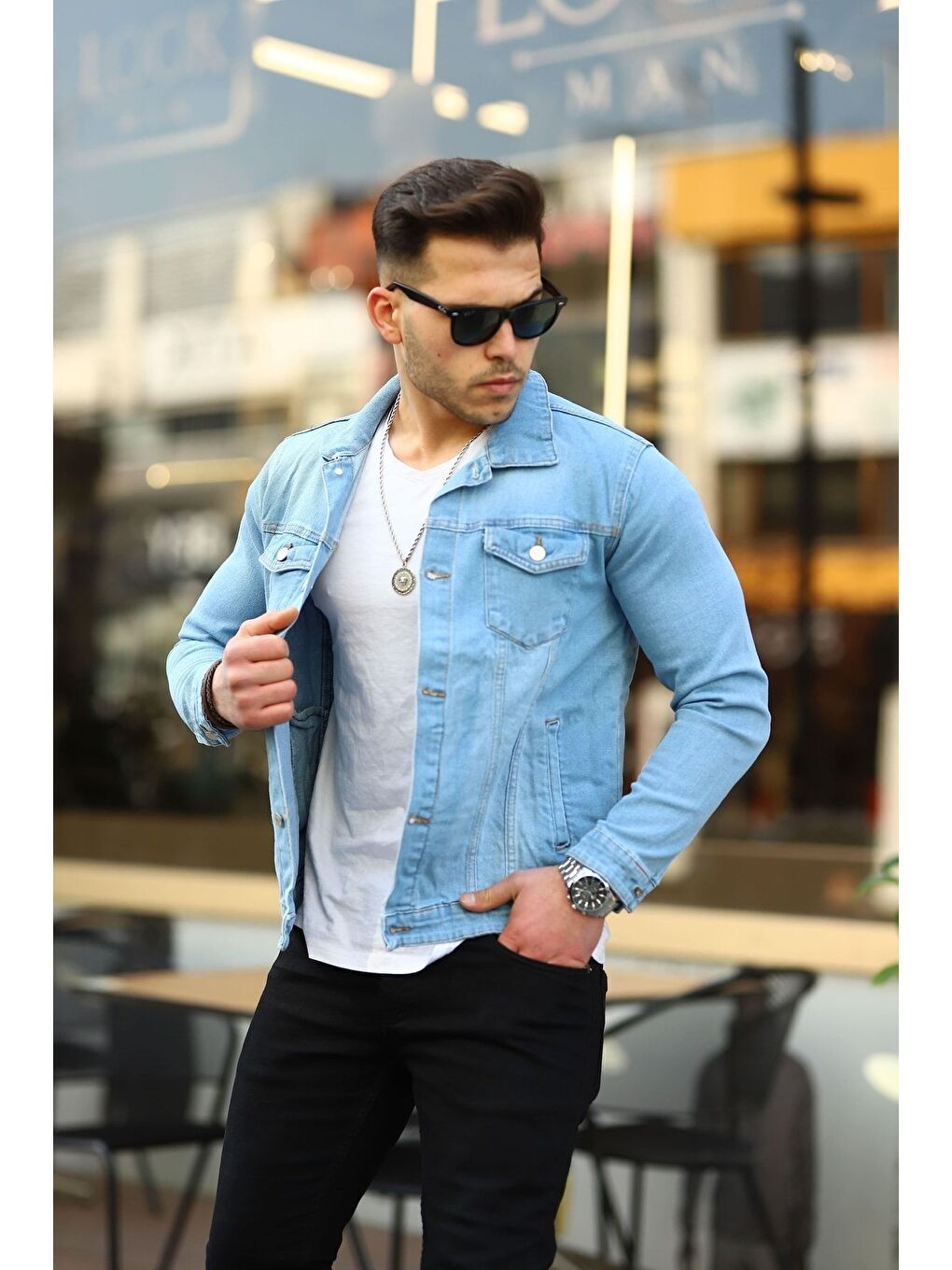 Erkek Trend Polo Yaka Slim Fit Denim Jeans Buz Mavi Jean Ceket
