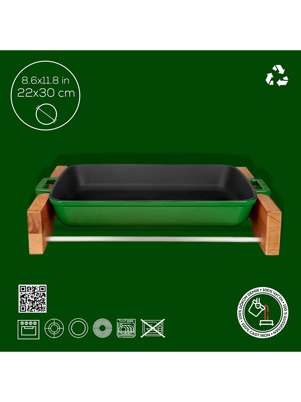 Yeşil Dikdörtgen Rosto ve Fırın Tepsisi Kayın Servis Ahşabı Döküm Demir Yekpare Çift Kulplu Ölçü 22x30cm.-2