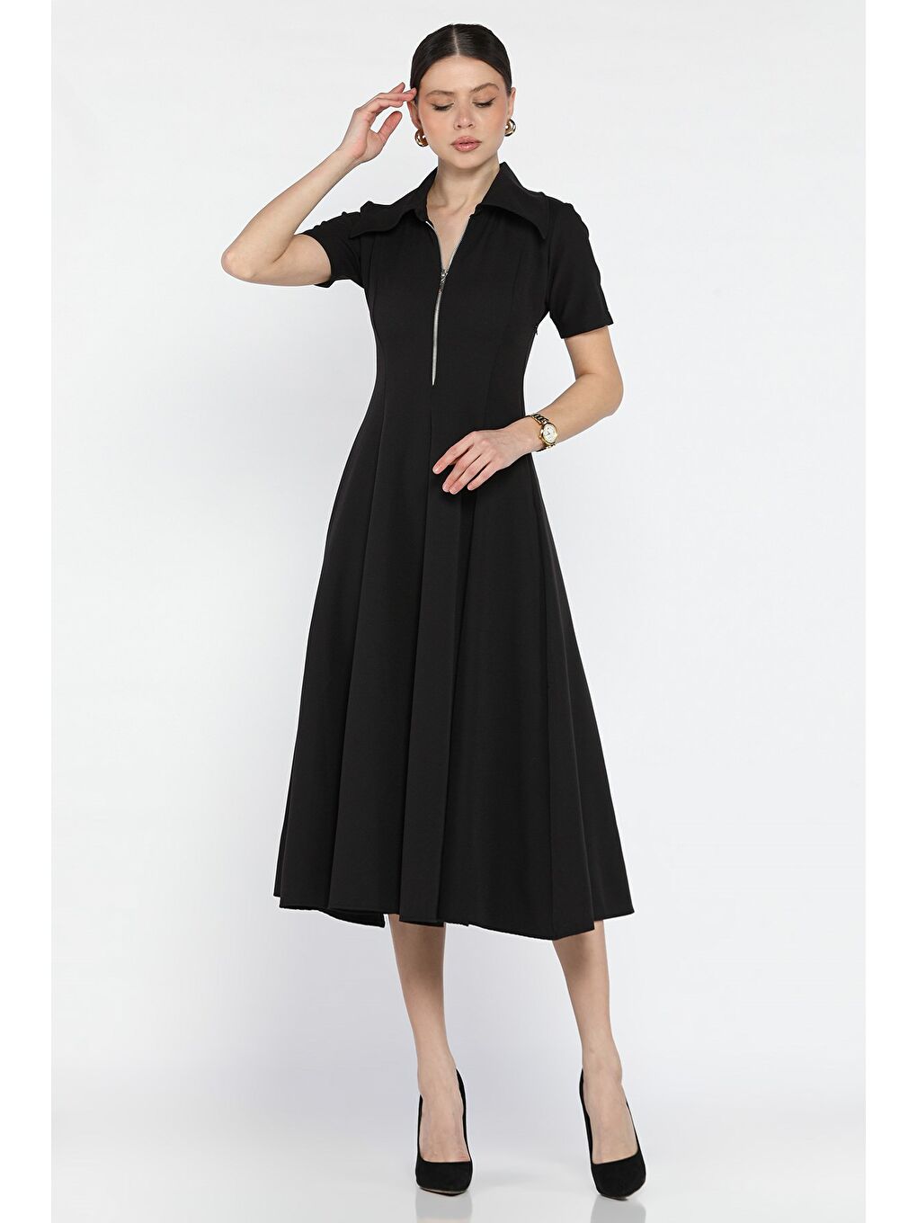 Siyah Kadın Yarım Fermuarlı Kısa Kol Elbise-1