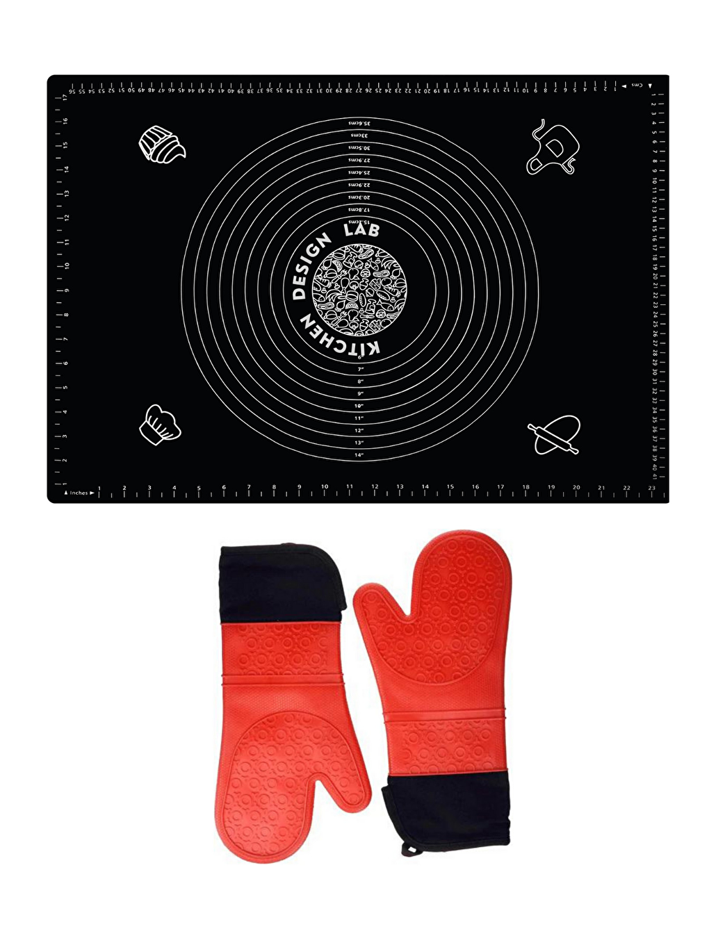 Karışık 2'li Set Siyah 45x65 Cm Silikon Hamur Açma Matı Ve Kırmızı Silikon Yanmaz Mutfak Fırın Eldiveni
