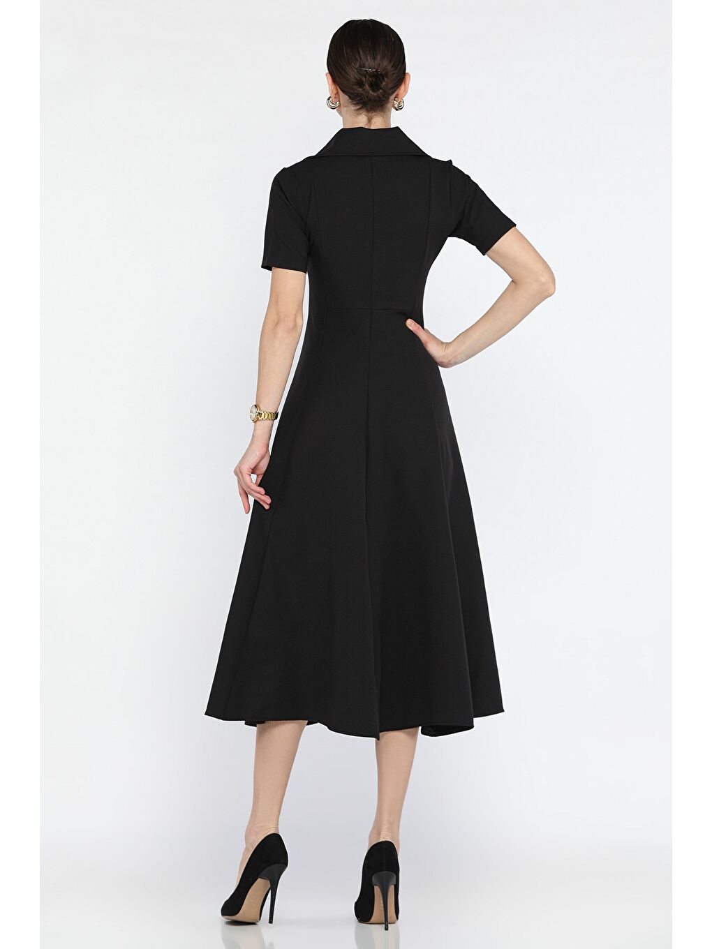 Siyah Kadın Yarım Fermuarlı Kısa Kol Elbise-2
